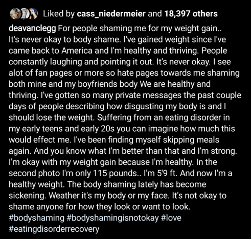 Deavan Clegg IG - stop body shaming min vægtøgning