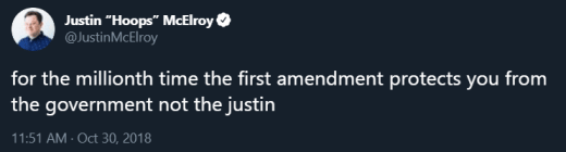 Джъстин Макелрой туитва, че първата поправка защитава от правителството, а не от Джъстин