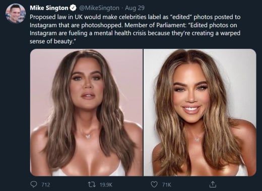 Khloe Kardashian вдъхновява туит за закон за разкриване на facetuning